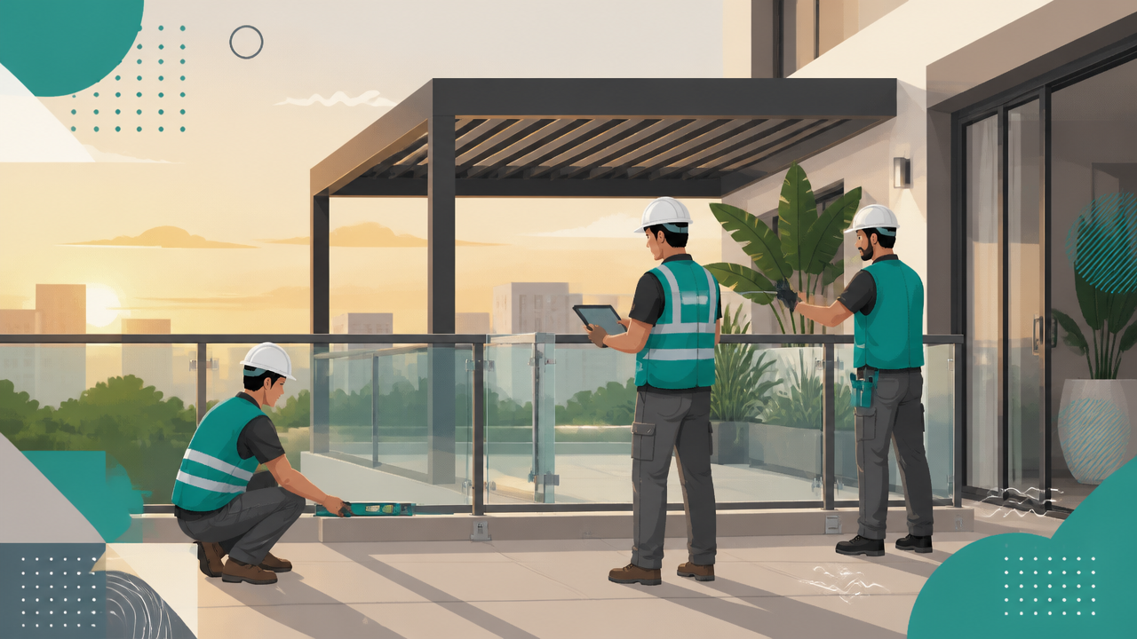 Ilustração de equipe técnica instalando guarda-corpo de vidro e pergolado de alumínio