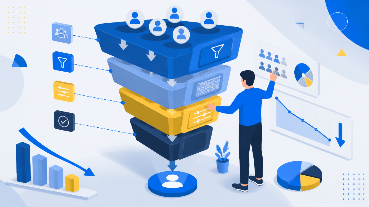 Ilustração de especialista ajustando funil de marketing para reduzir o custo por aquisição
