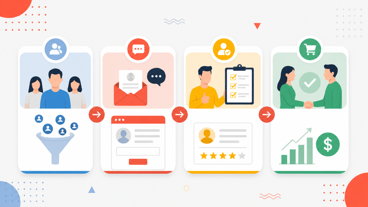Ilustração de etapas entre visitante, contato, lead qualificado e cliente