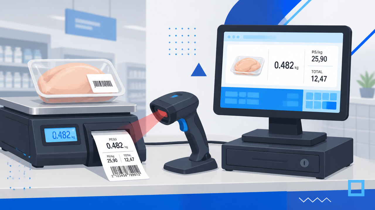 Ilustração de etiqueta de peso emitida por balança e lida pelo PDV no caixa