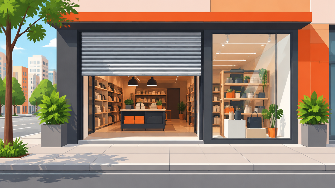 Ilustração de fachada de loja com porta automática de enrolar e vitrine, representando a escolha de uma porta comercial