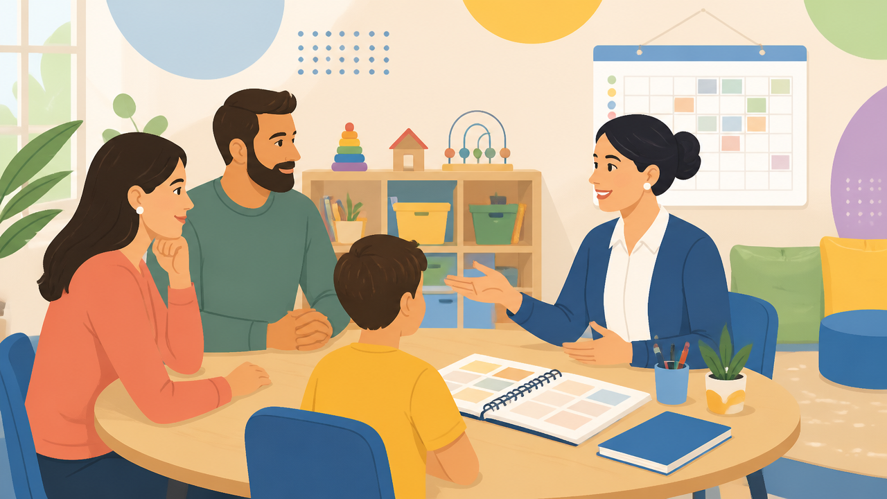 Ilustração de família conversando com coordenação pedagógica sobre a rotina escolar do ensino fundamental.