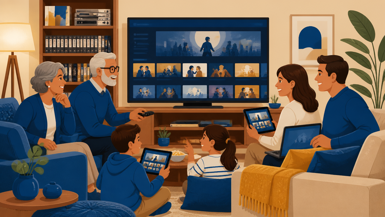Ilustração de família escolhendo clássicos dos anos 2000 para assistir em diferentes telas.