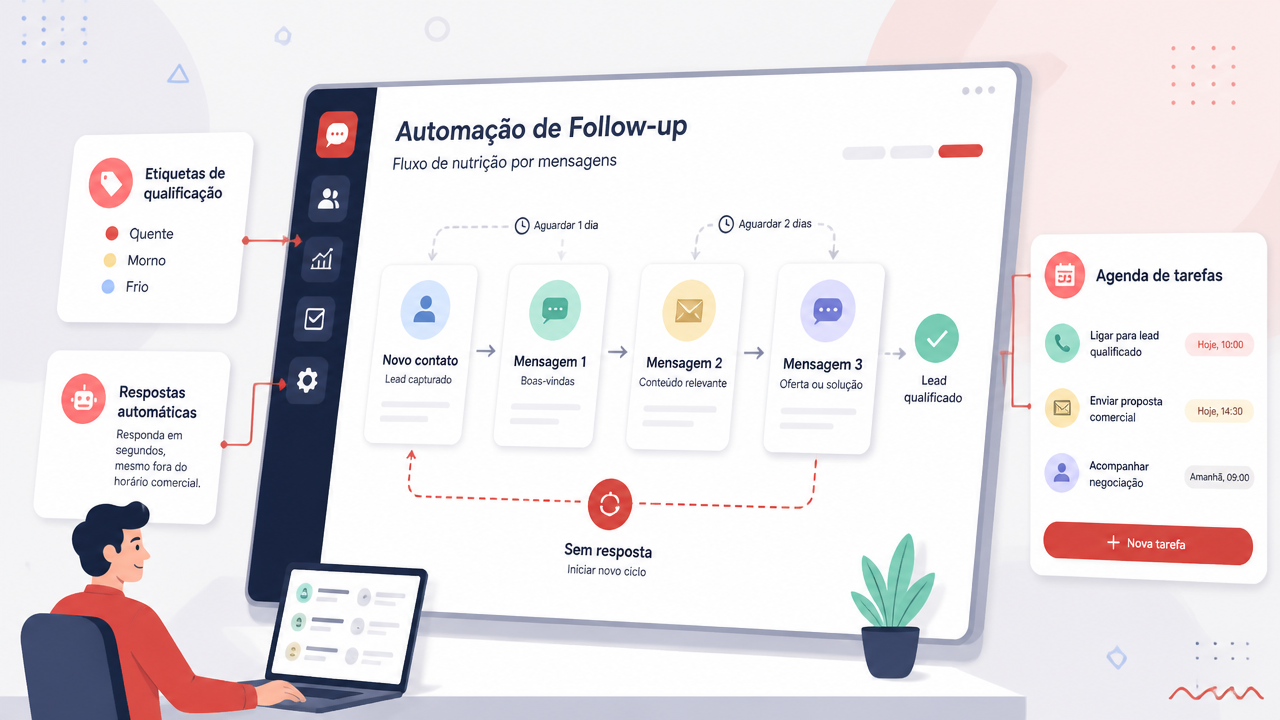 Ilustração de fluxo automatizado de follow-up e qualificação de contatos