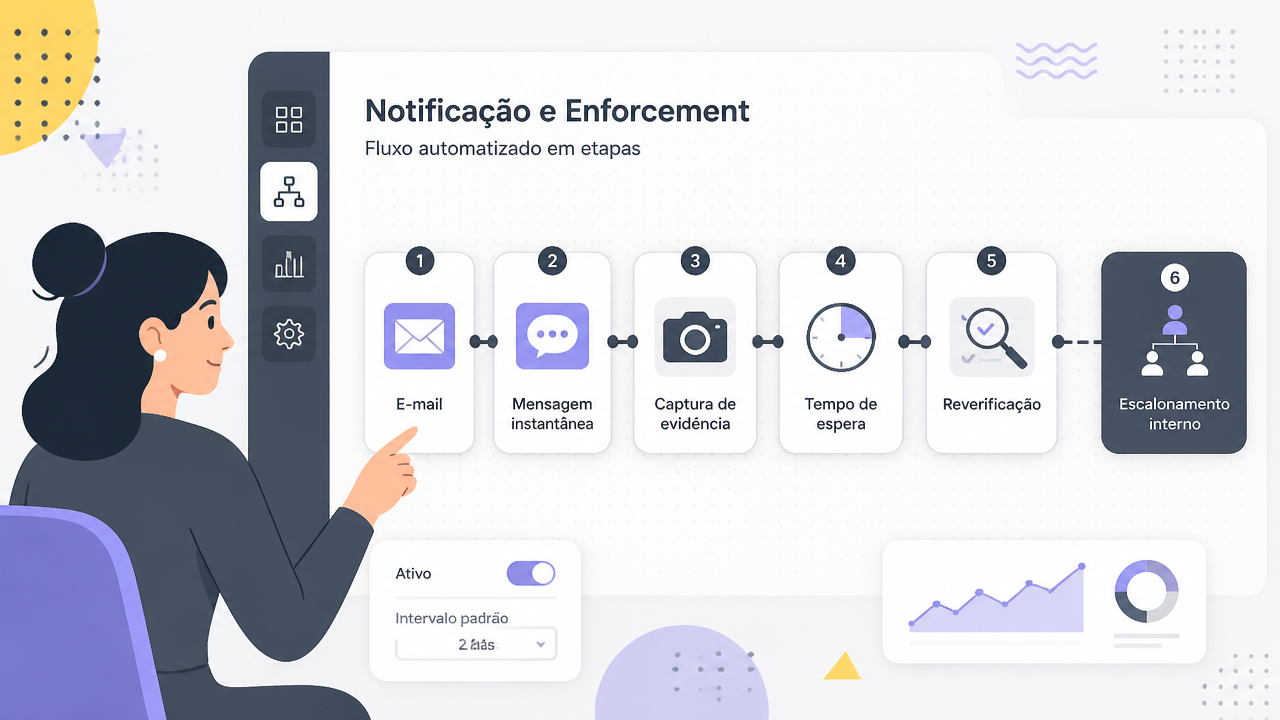 Ilustração de fluxo automatizado de notificação, reverificação e escalonamento de violações
