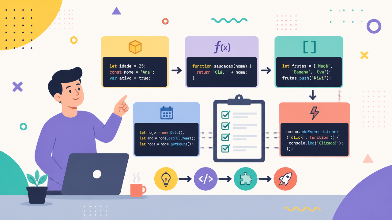 Ilustração de fluxo de aprendizado de JavaScript com variáveis, funções, arrays e eventos representados visualmente.