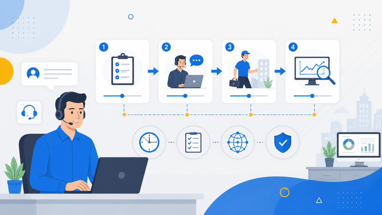 Ilustração de fluxo de atendimento de suporte técnico com SLA, suporte remoto e monitoramento contínuo.