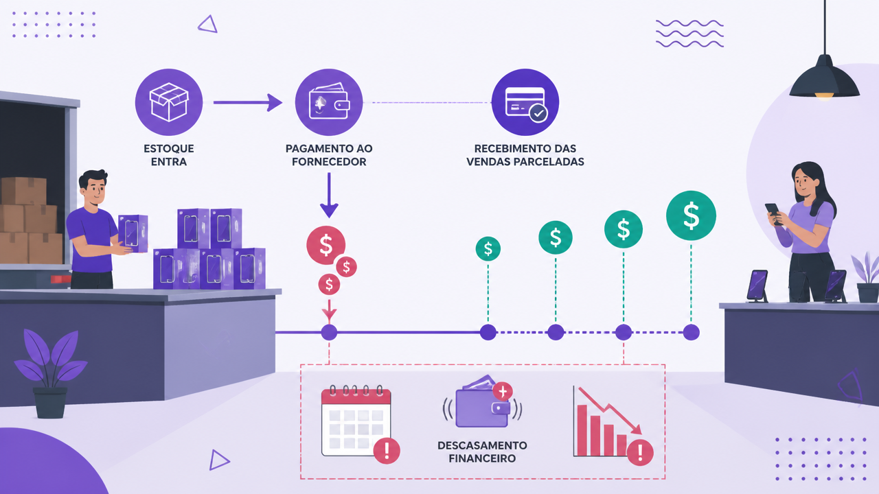 Ilustração de fluxo de caixa e capital de giro em loja de celulares com vendas parceladas.