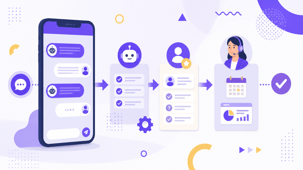 Ilustração de fluxo de conversa com triagem automática, qualificação de lead e transferência para atendimento humano.
