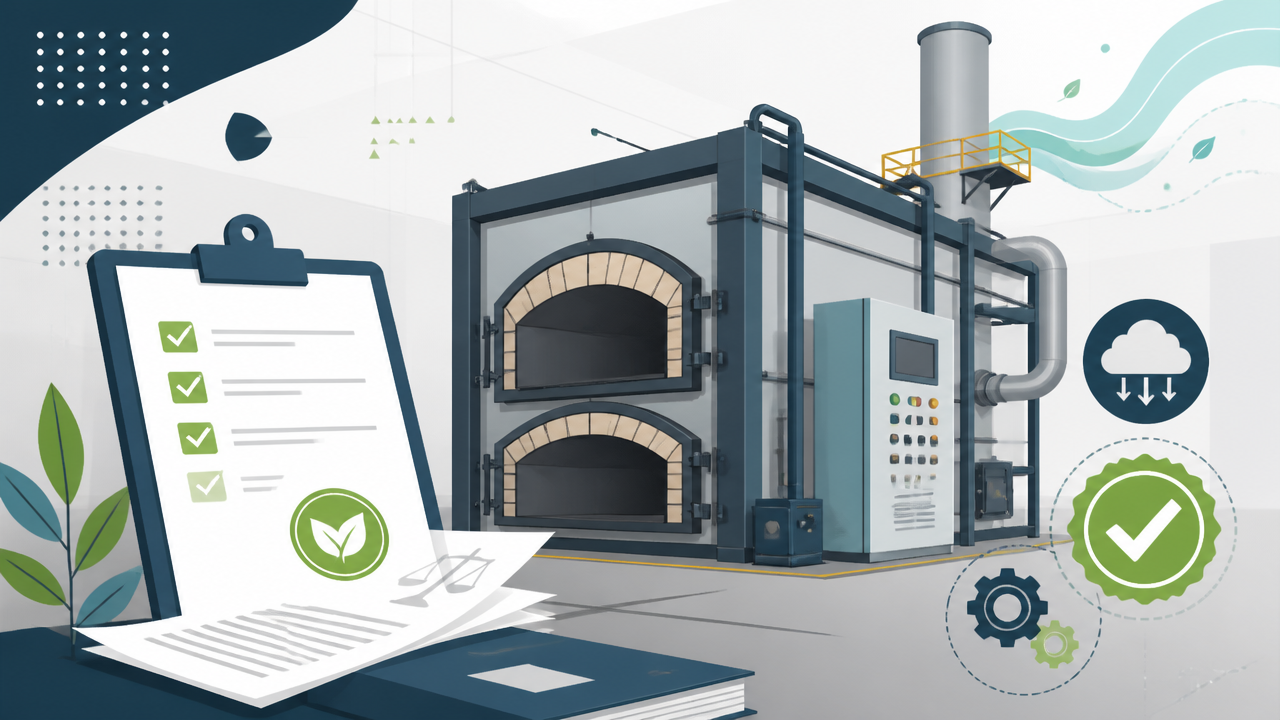 Ilustração de forno crematório industrial com checklist de conformidade legal e controle de emissões.