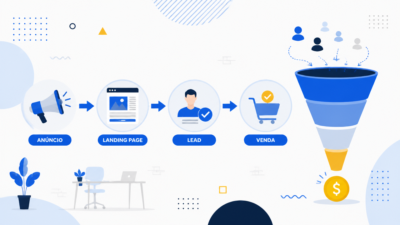 Ilustração de funil de aquisição conectando anúncios, landing page, leads e vendas