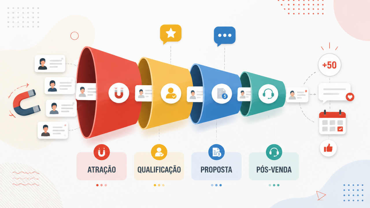 Ilustração de funil de vendas com etapas automatizadas e leads avançando entre fases
