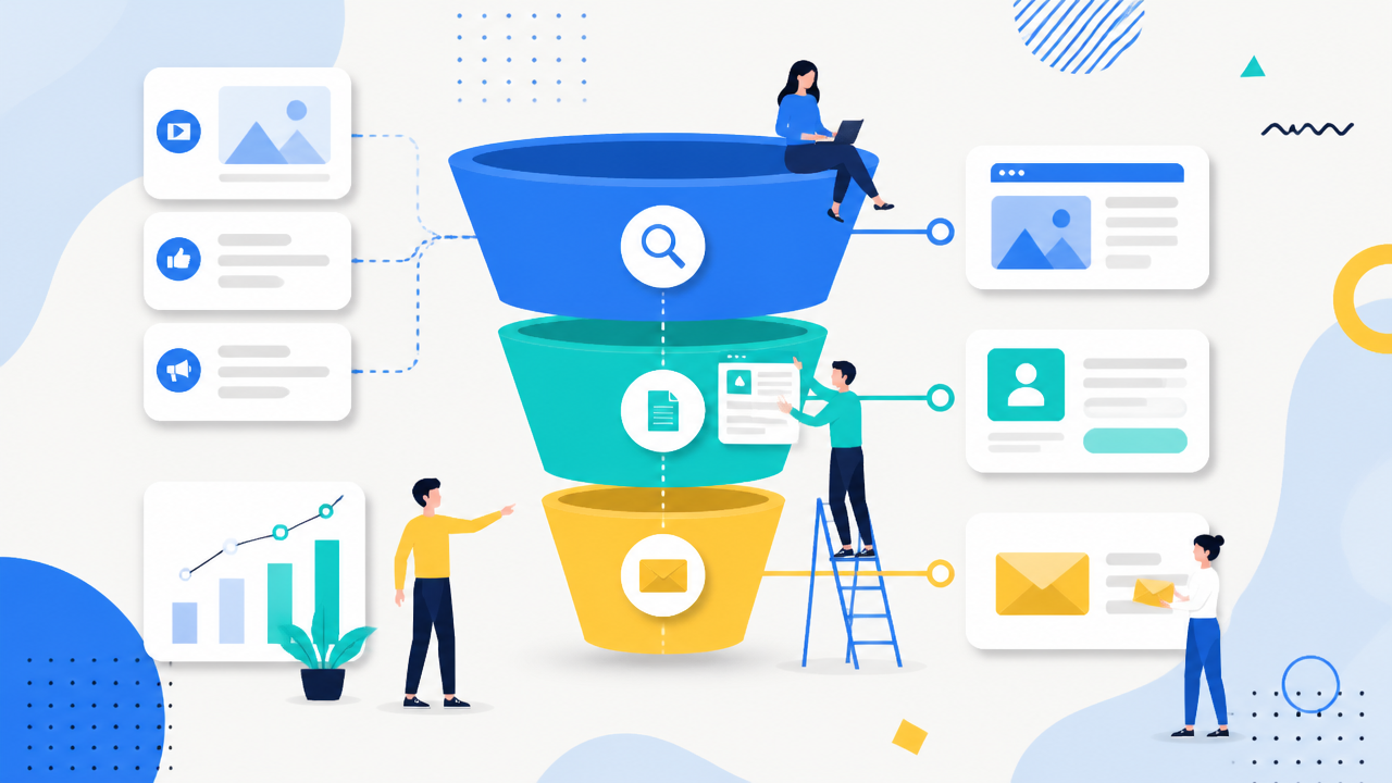 Ilustração de funil integrado conectando anúncios, conteúdo, leads e e-mail até a venda.