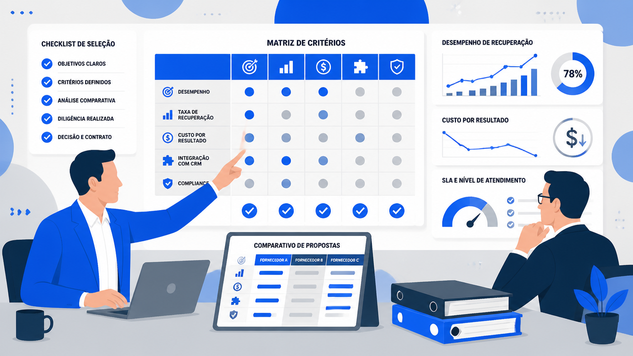 Ilustração de gestores comparando critérios para contratar uma empresa especializada em cobrança para varejo.