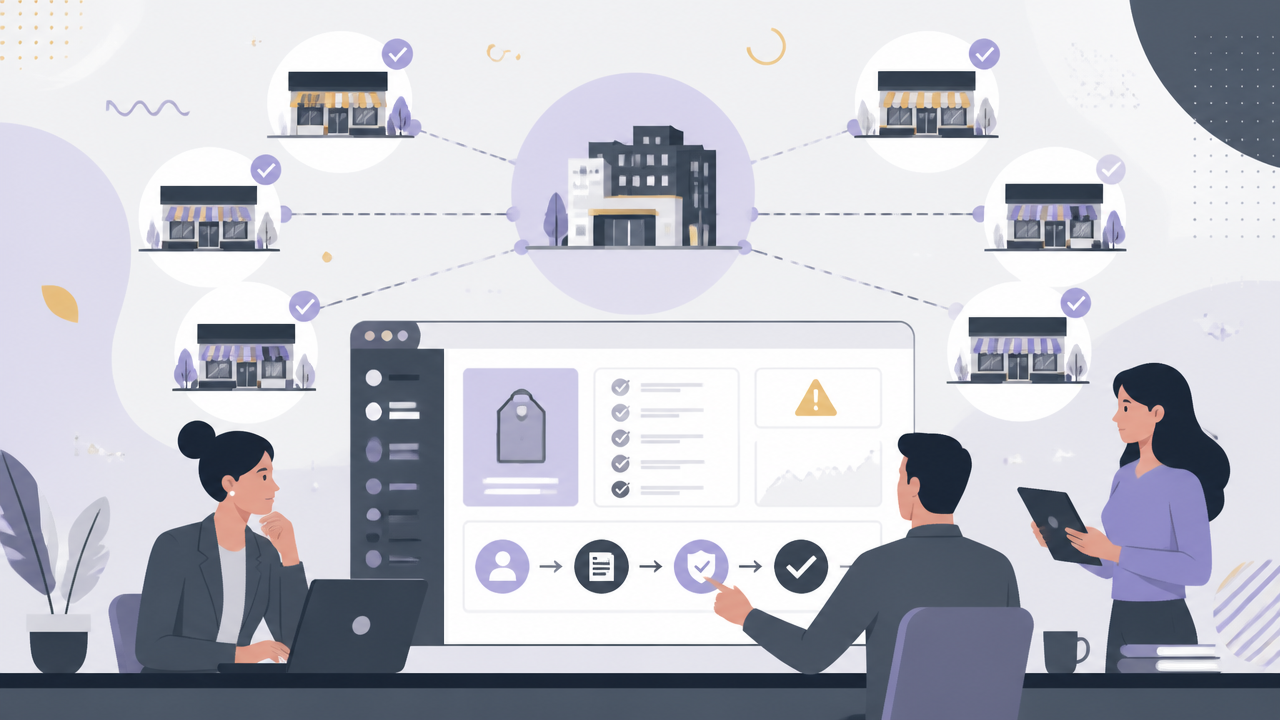Ilustração de gestores monitorando uma rede de revendedores e regras de preços em um painel visual.