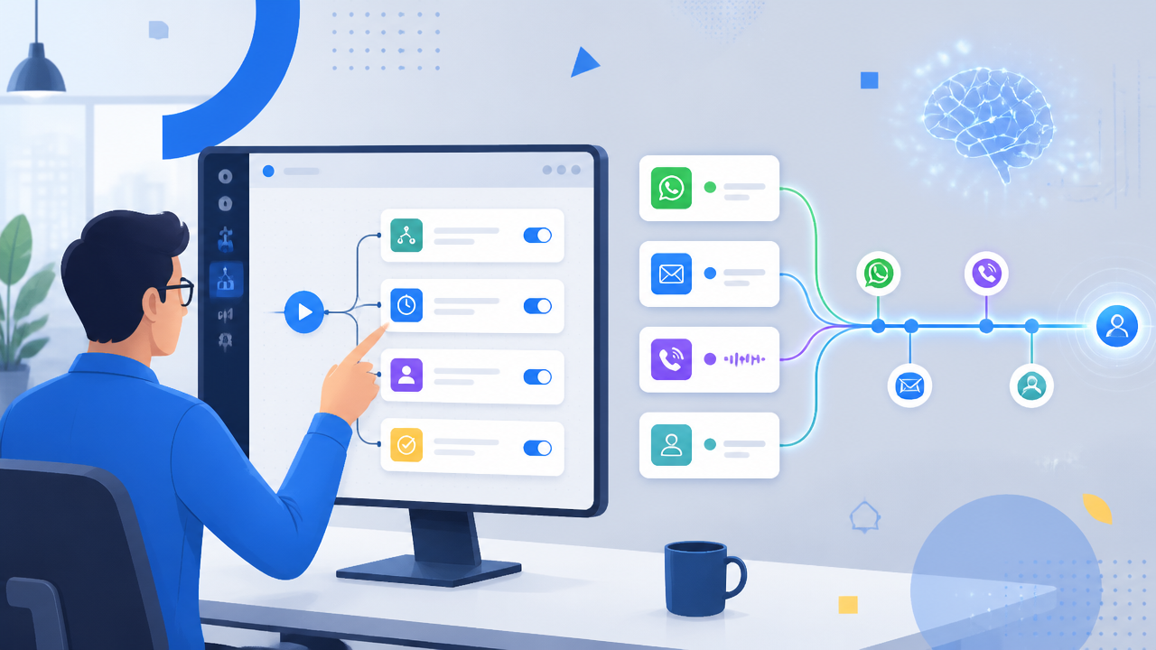 Ilustração de implantação de cobrança omnichannel com automação, CRM e inteligência artificial