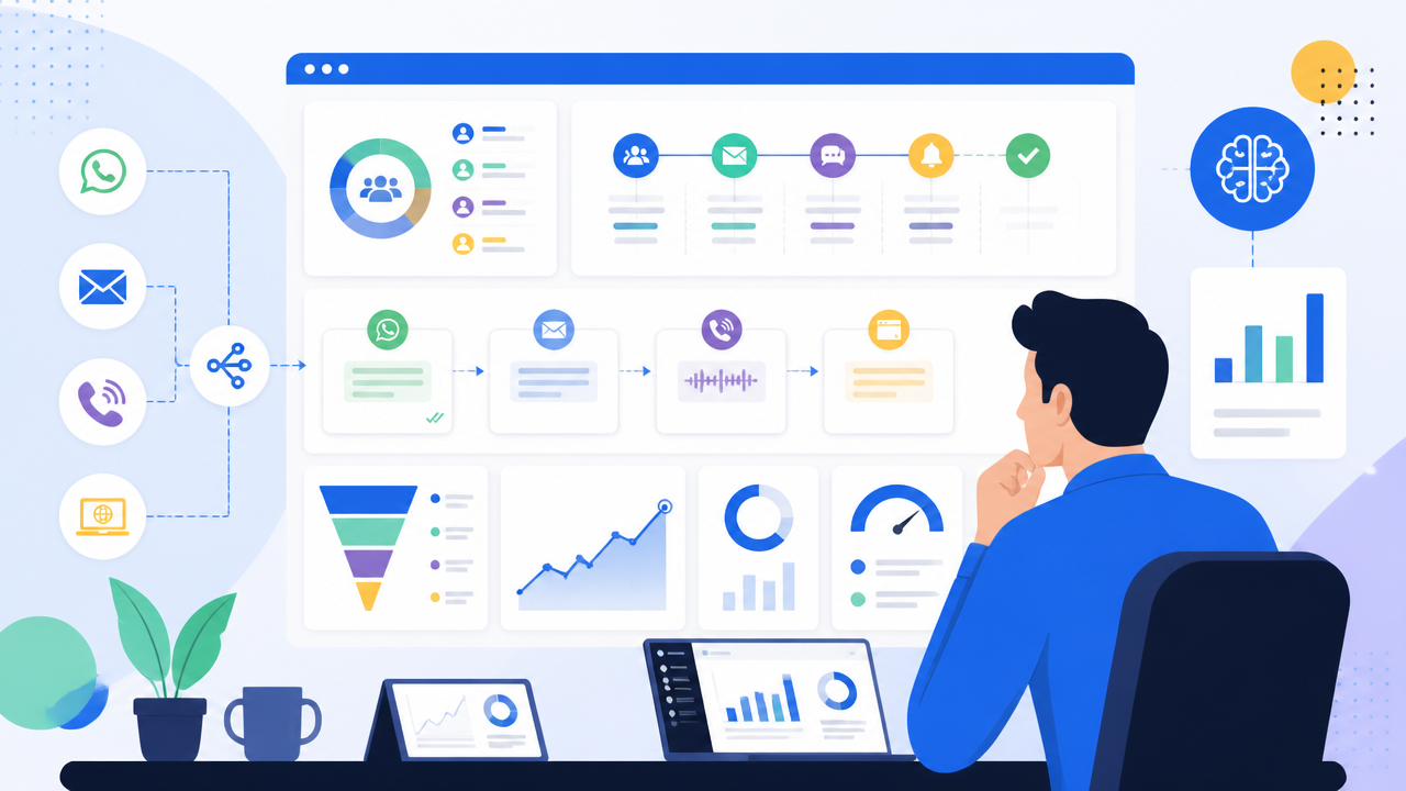 Ilustração de implantação de cobrança omnichannel com automação, IA e indicadores de desempenho