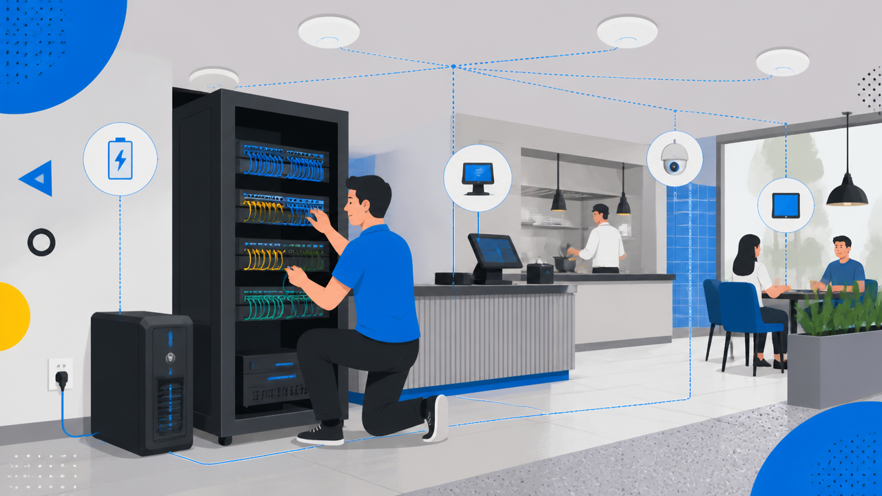 Ilustração de infraestrutura de TI para restaurante com rack centralizado, Wi-Fi, nobreak e integração entre salão, caixa e cozinha.
