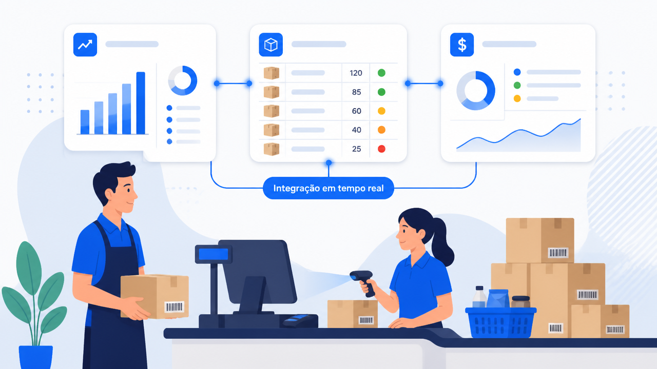 Ilustração de integração em tempo real entre caixa, estoque e financeiro