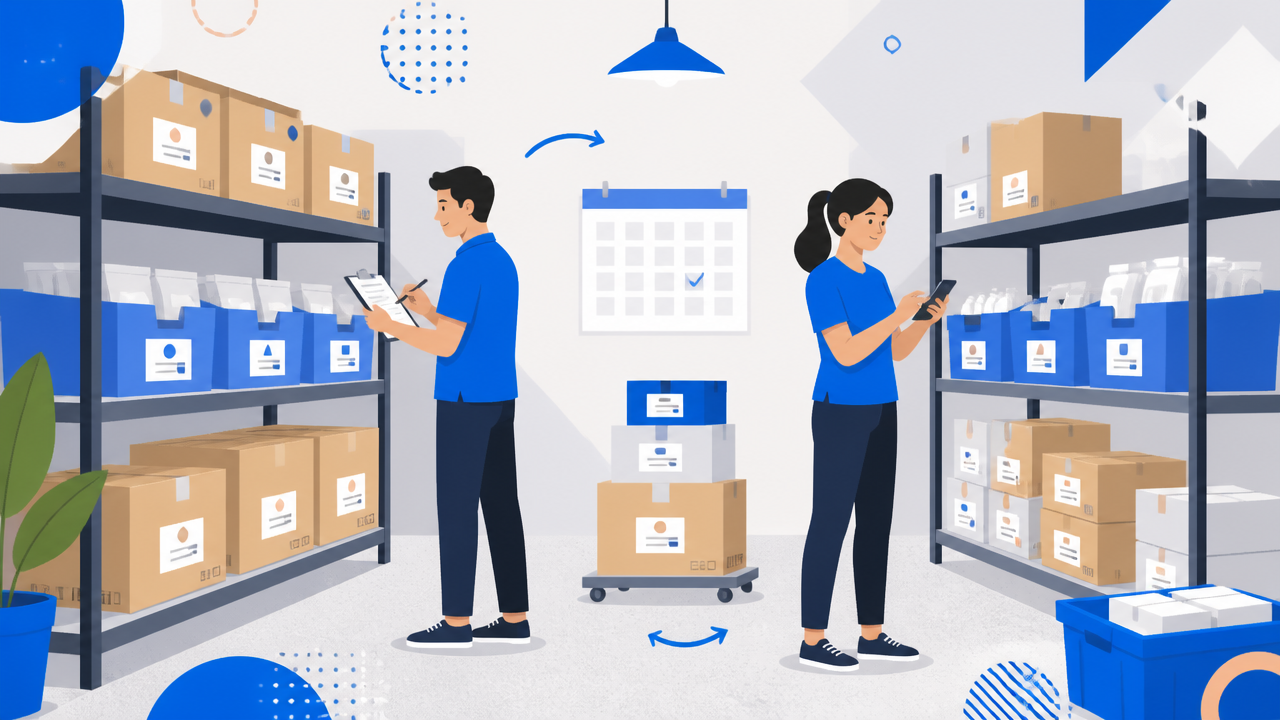 Ilustração de inventário rotativo com contagem física e registro no celular