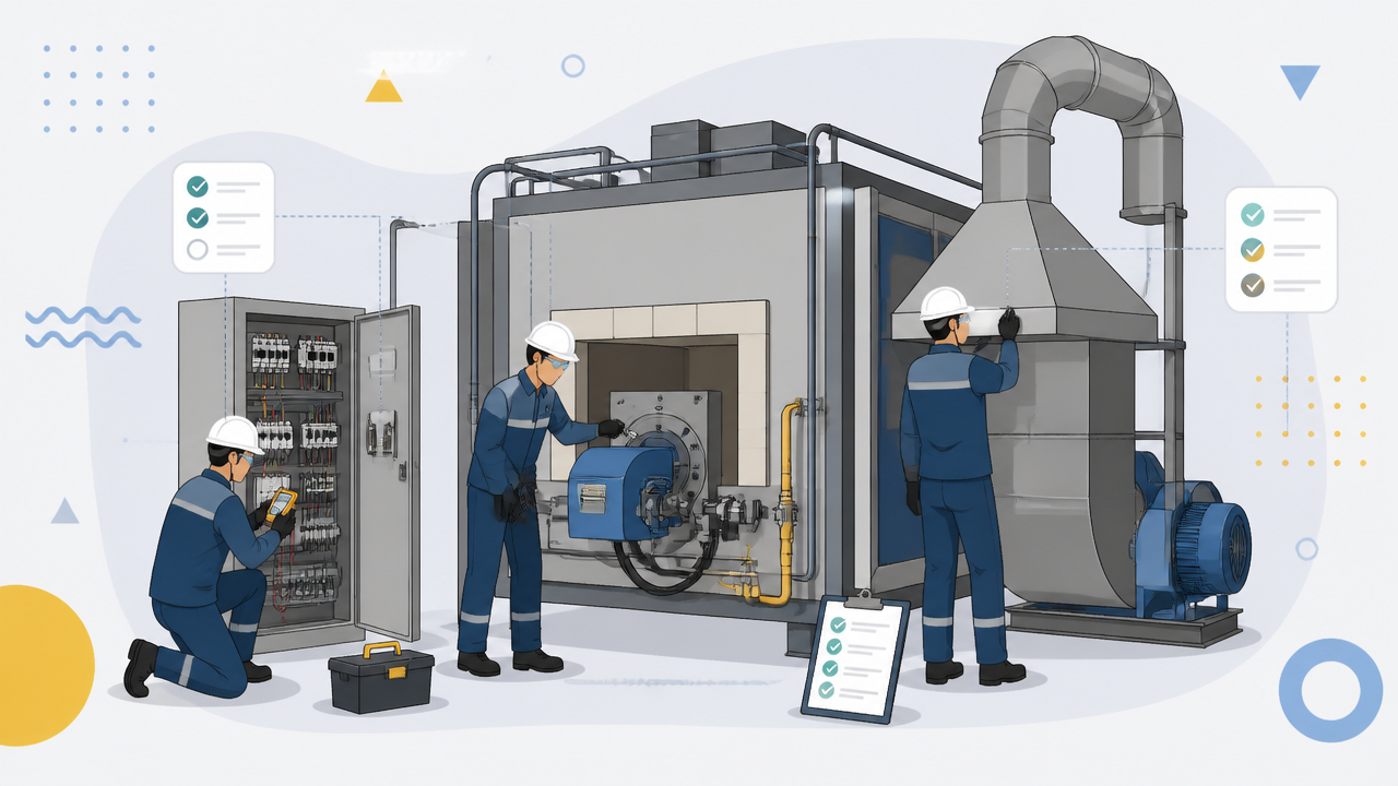 Ilustração de manutenção preventiva em forno industrial e sistema de exaustão