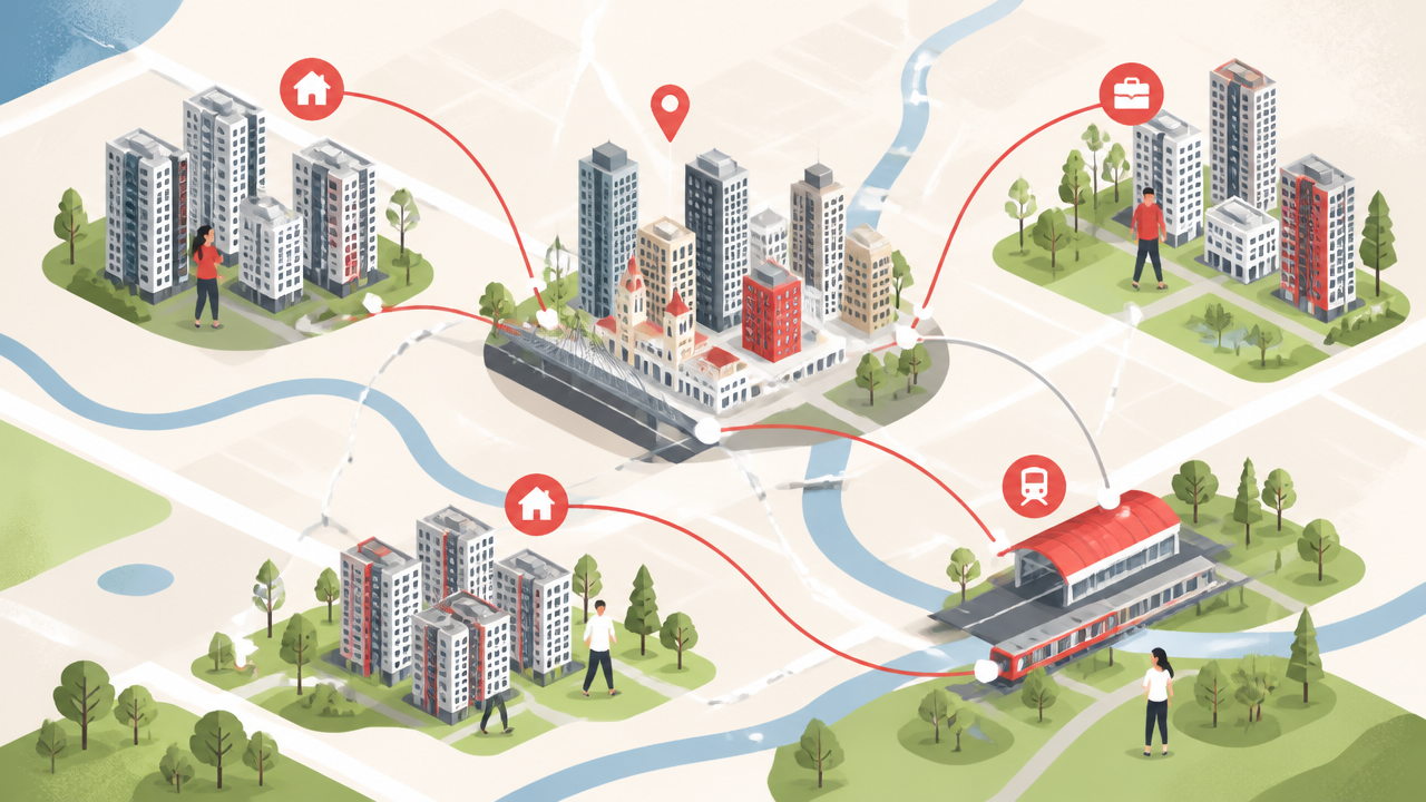 Ilustração de mapa simplificado da Grande São Paulo com destaque para Diadema e principais eixos de deslocamento