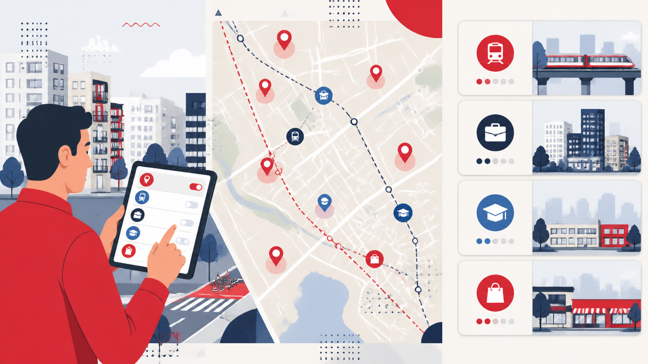 Ilustração de mapa urbano com critérios para escolher bairro e localização do imóvel