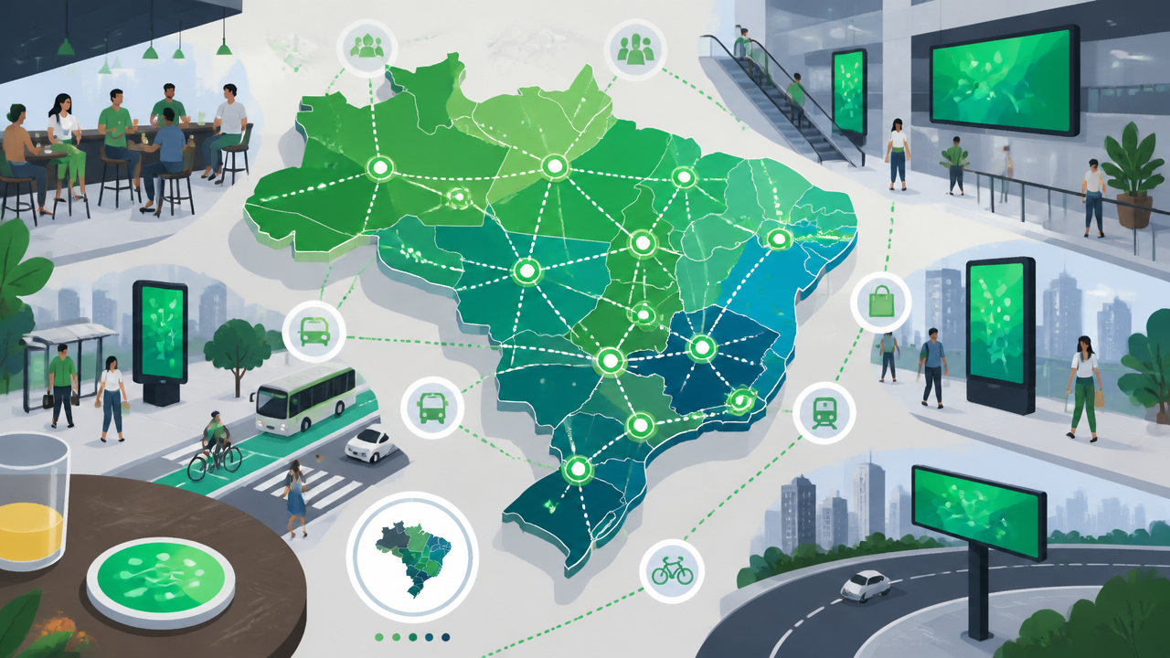Ilustração de mapa urbano com pontos de mídia exterior distribuídos por regiões para representar expansão de cobertura publicitária.