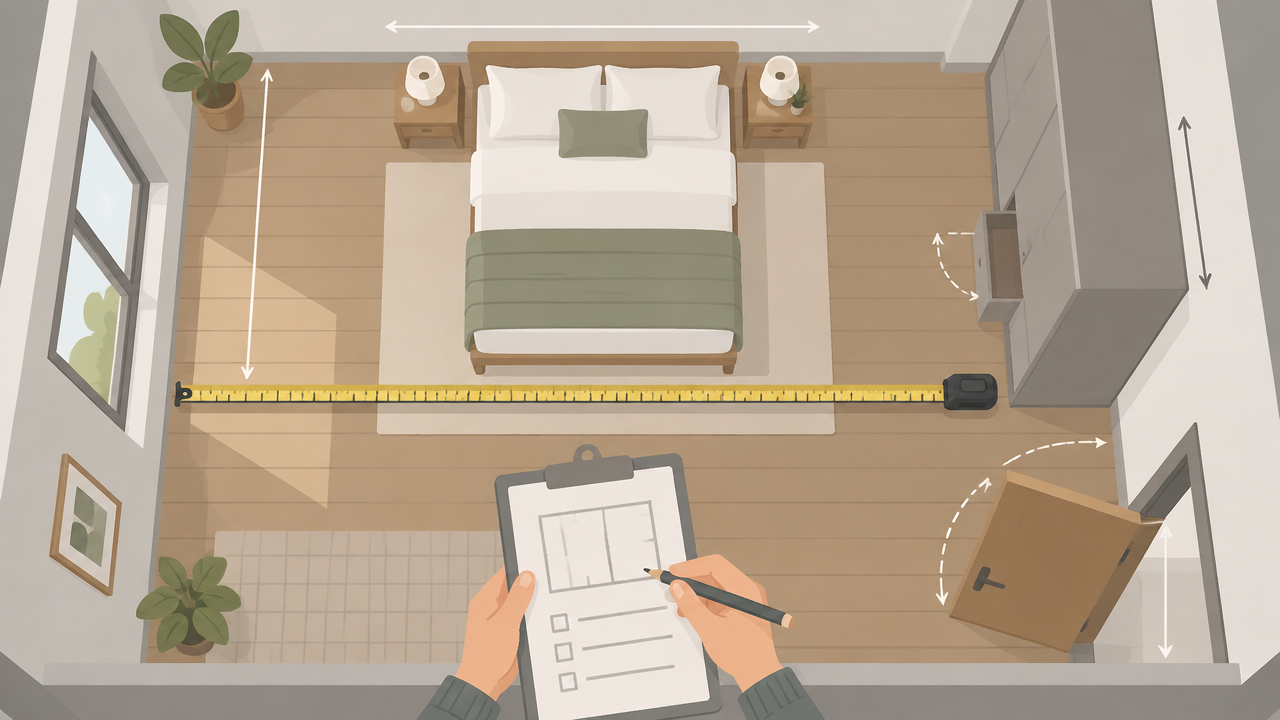 Ilustração de medição do quarto com fita métrica, janela, porta e móveis