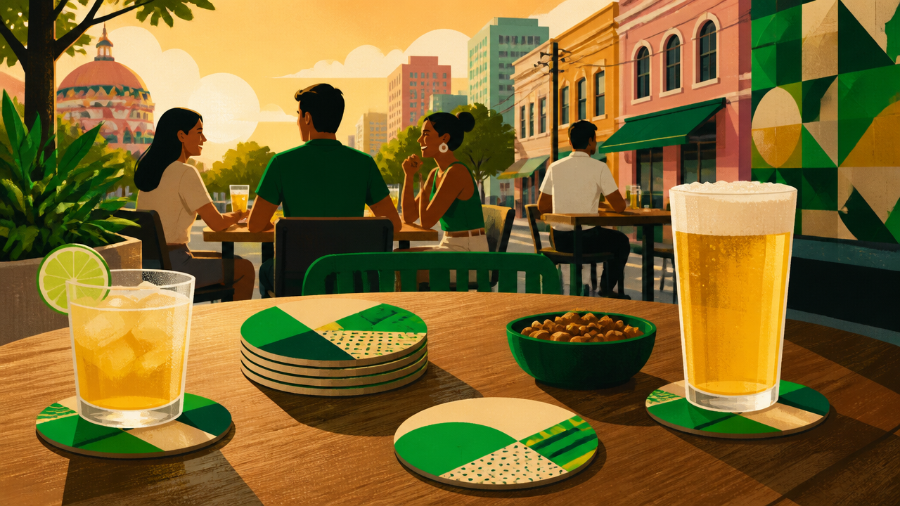 Ilustração de mesas de bar com porta-copos publicitários para representar cobertura regional em pontos de consumo.