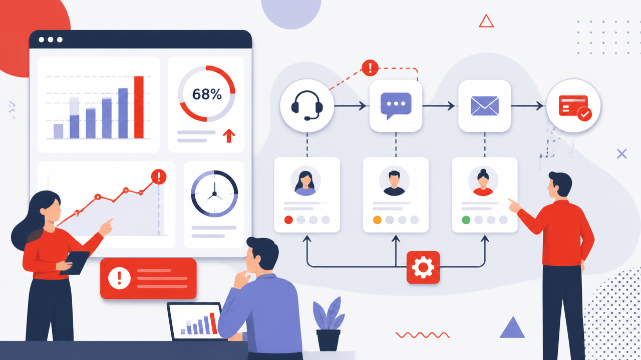 Ilustração de métricas do funil com painel de conversão e fluxo automatizado de follow-up