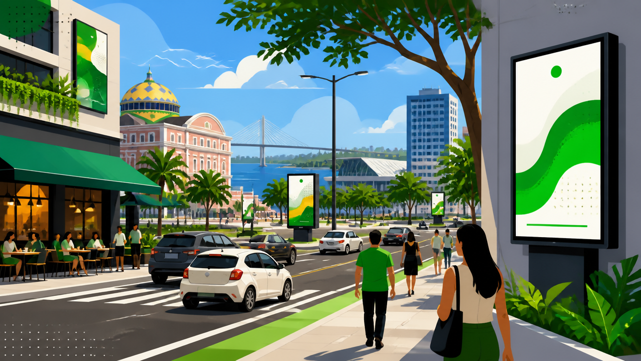 Ilustração de mídia OOH em ambiente urbano de Manaus com telas e pontos de consumo