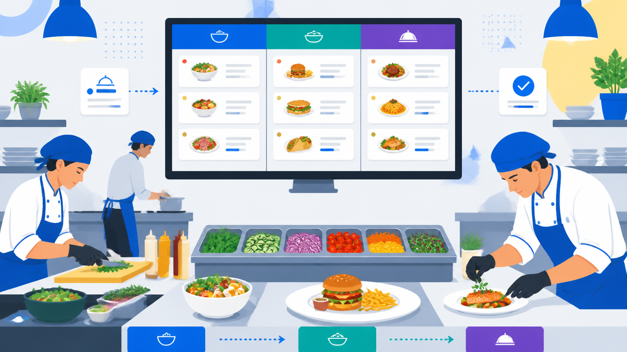 Ilustração de monitor de cozinha dividido por etapas de preparo e prioridade