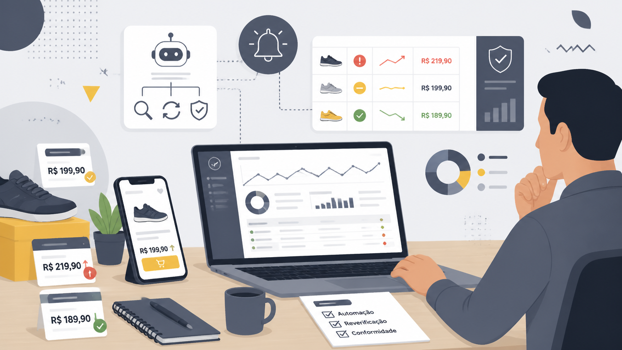 Ilustração de monitoramento multicanal com dashboard, anúncios online e alertas de preço