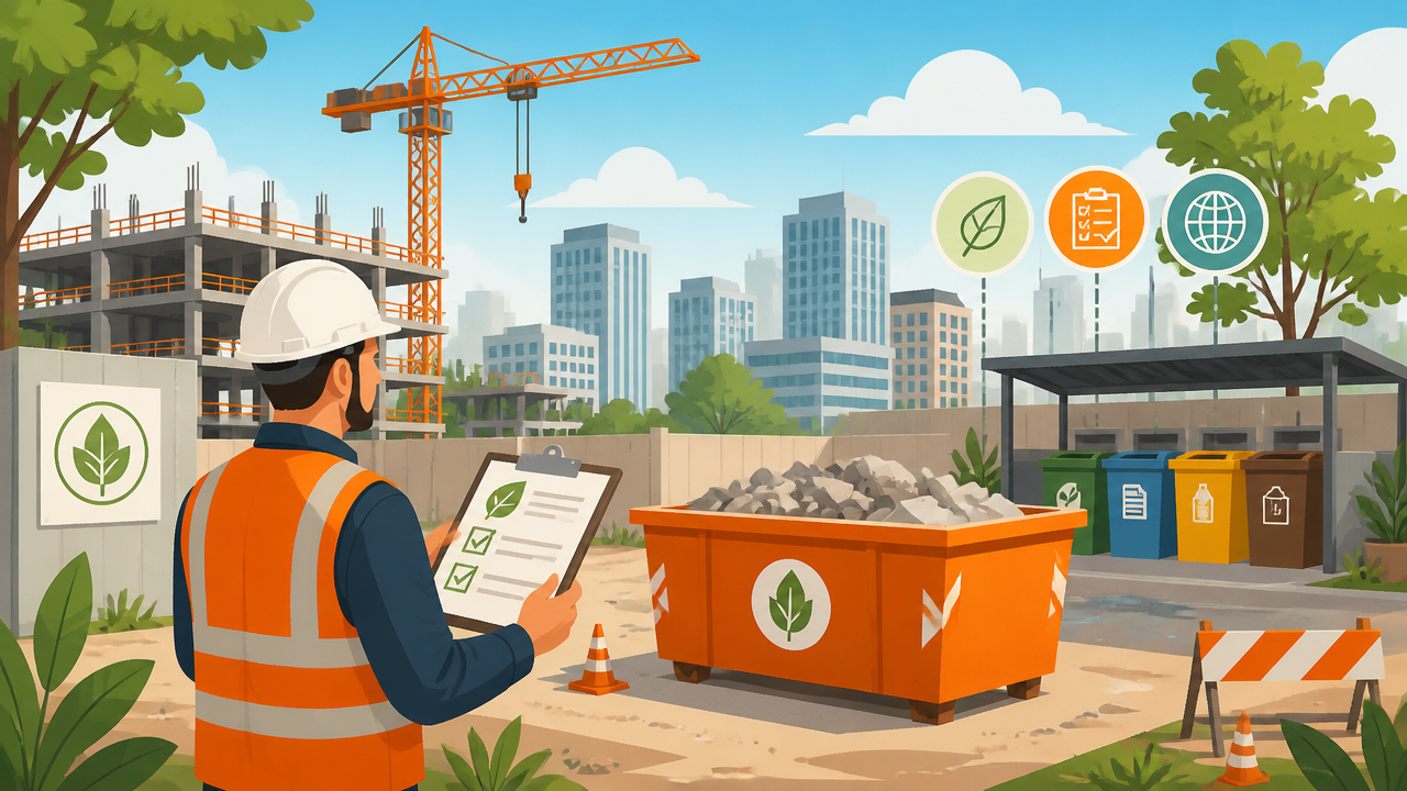 Ilustração de obra com caçamba de entulho e controle ambiental em canteiro organizado