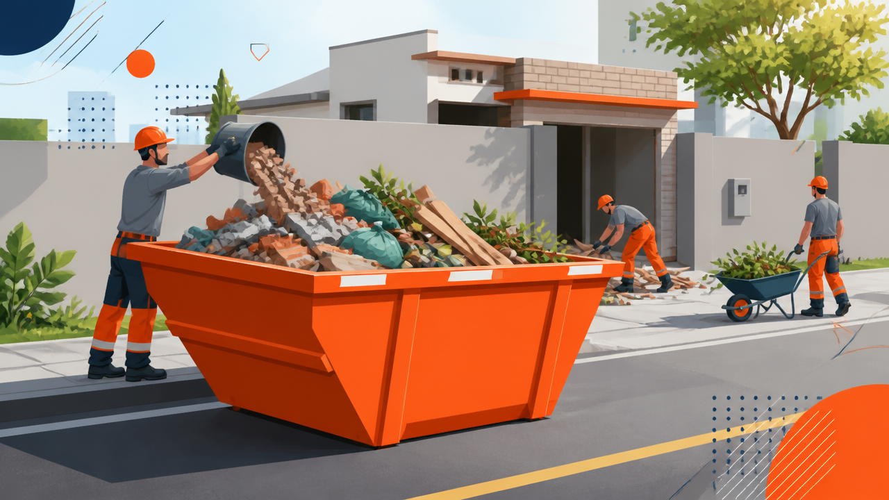Ilustração de obra residencial com caçamba para descarte correto de entulho e resíduos de reforma