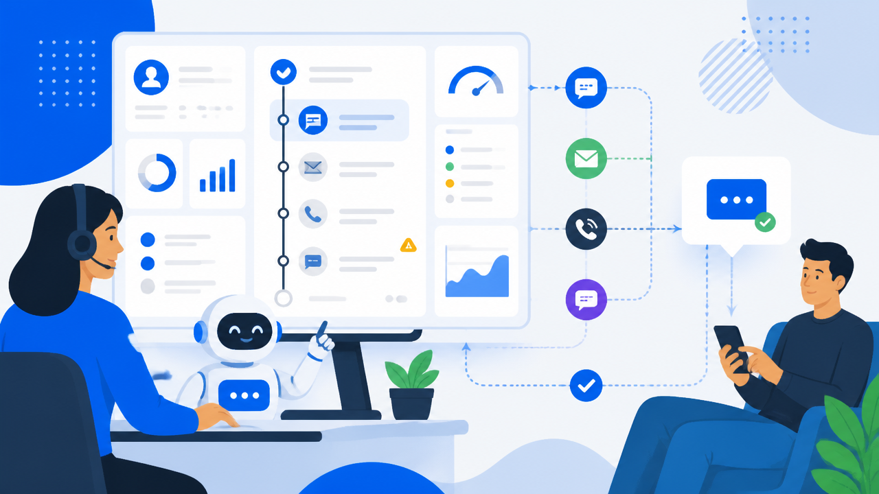 Ilustração de operação de cobrança digital com canais integrados e automação em uma jornada omnichannel