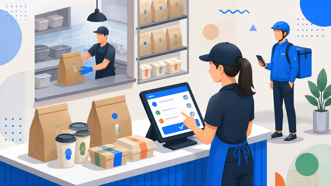 Ilustração de operação de delivery organizada com conferência de pedidos no balcão de expedição
