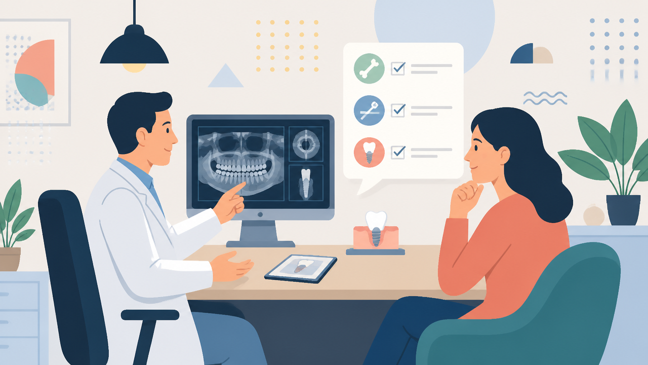 Ilustração de paciente avaliando exames e planejamento para implante dentário com dentista