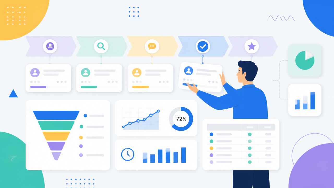 Ilustração de painel com métricas, CRM e acompanhamento de etapas do funil.