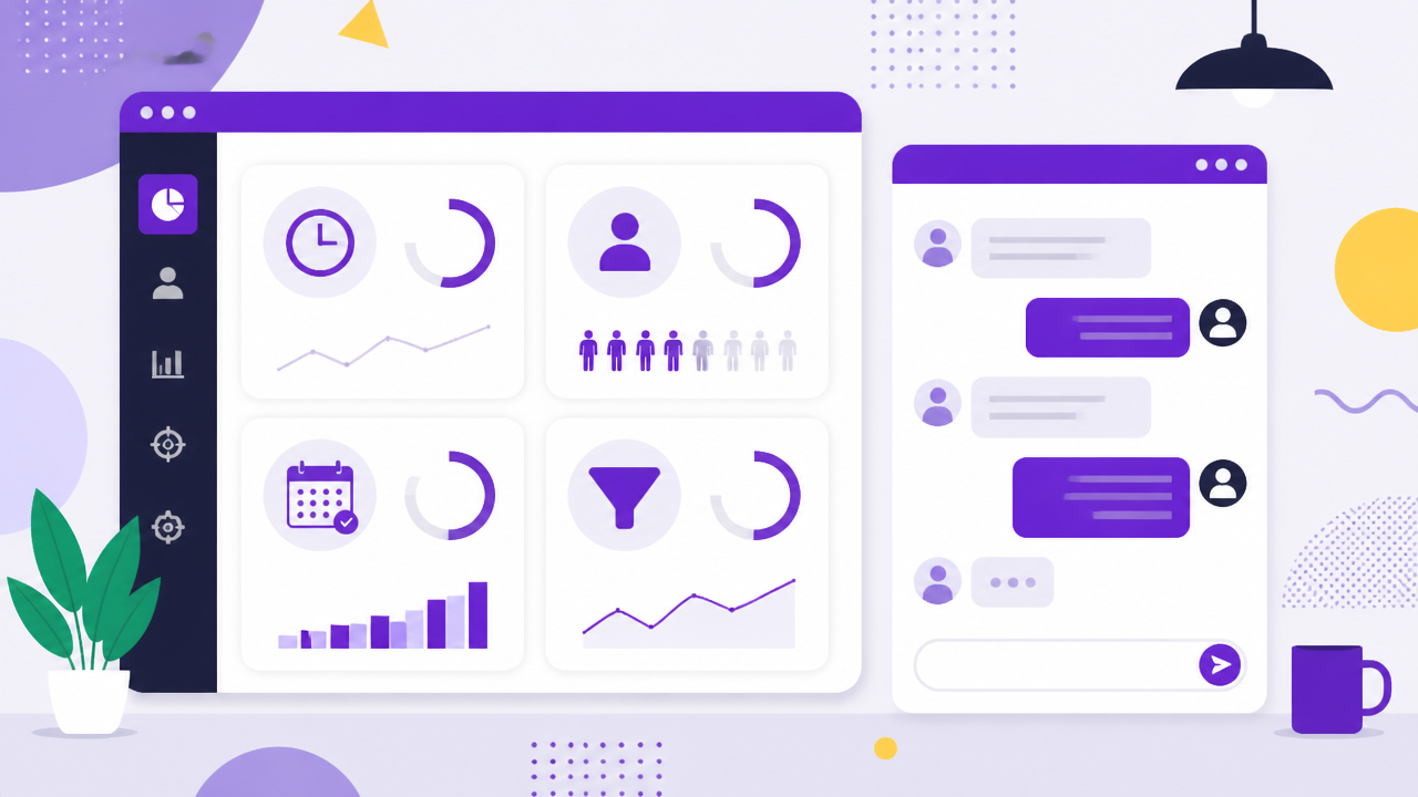 Ilustração de painel com métricas de conversas, tempo de resposta, agendamentos e conversão.