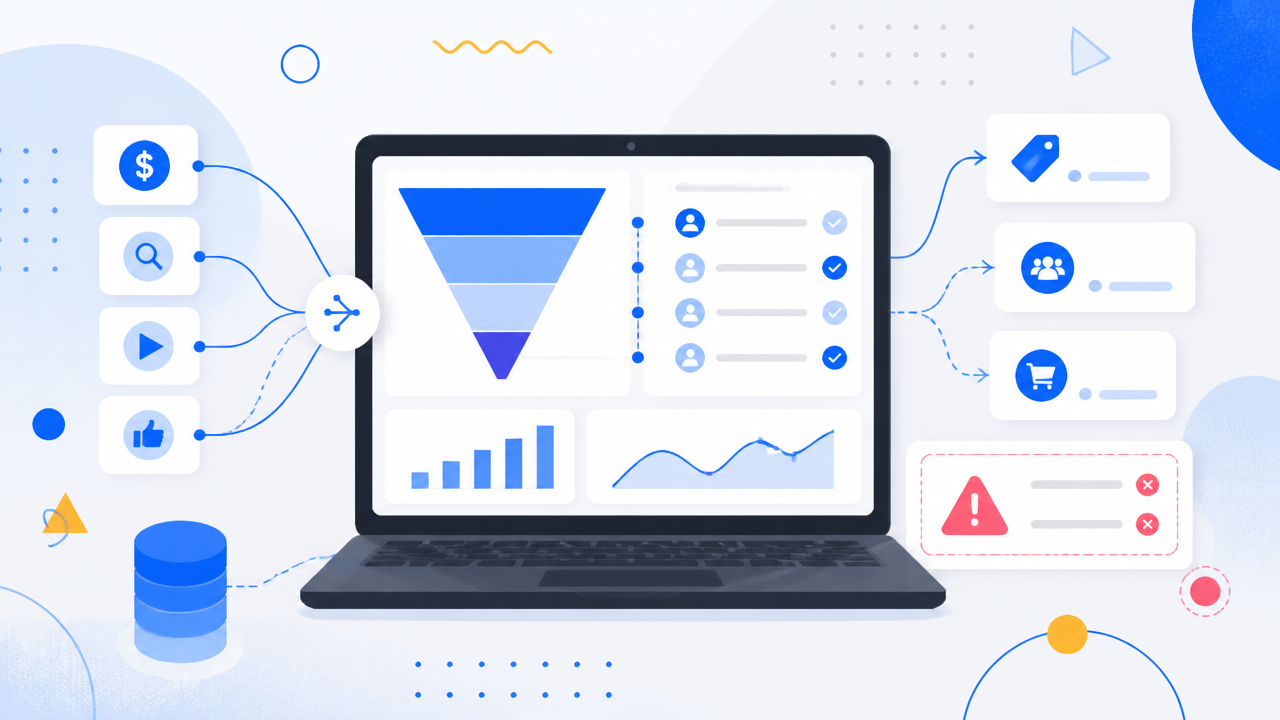 Ilustração de painel de analytics com funil, eventos de conversão e conexões entre canais pagos.