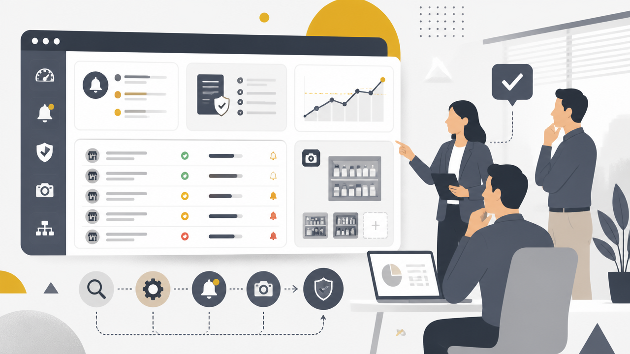 Ilustração de painel de monitoramento de preços com alertas e automação para canais de revenda