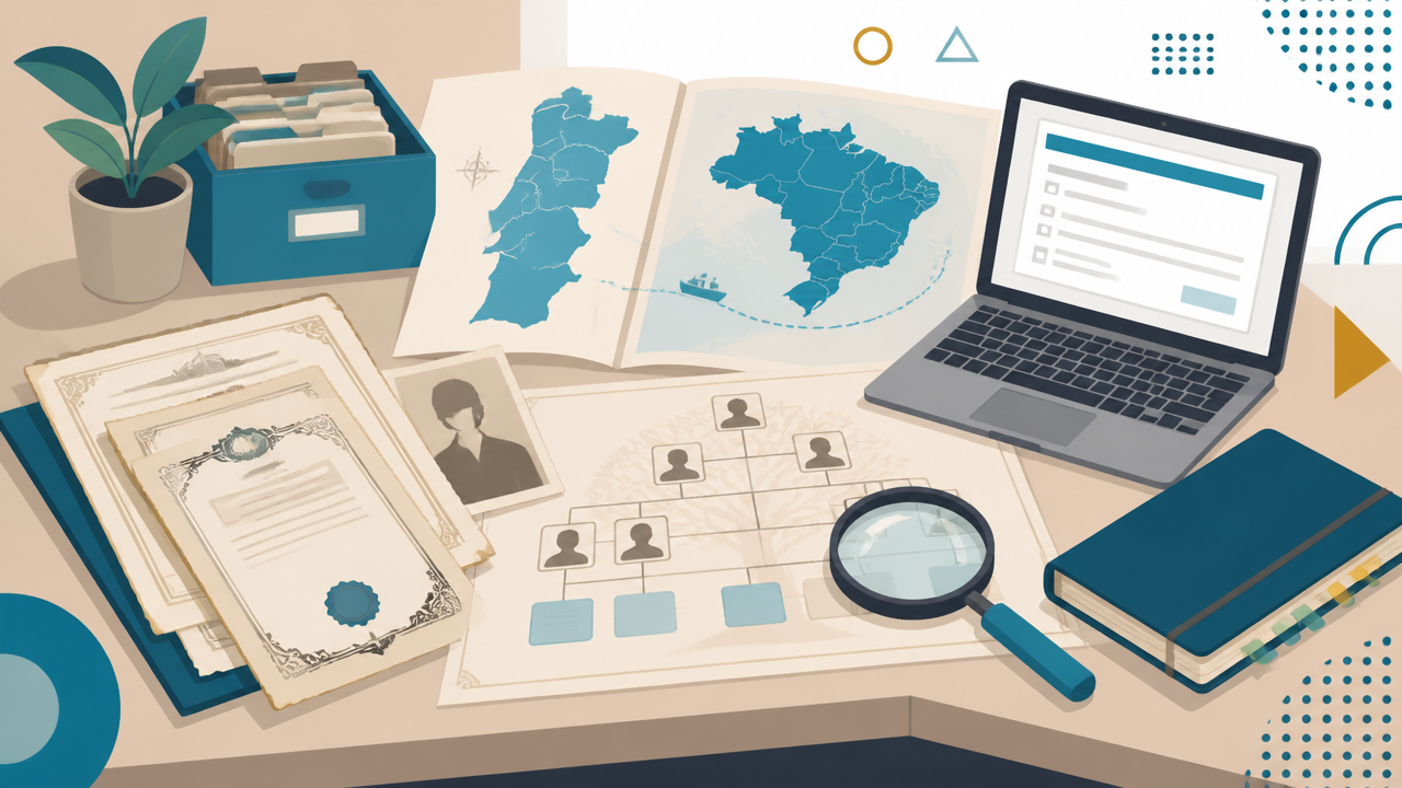 Ilustração de pesquisa de origens familiares com documentos antigos, mapa de Portugal e árvore genealógica.