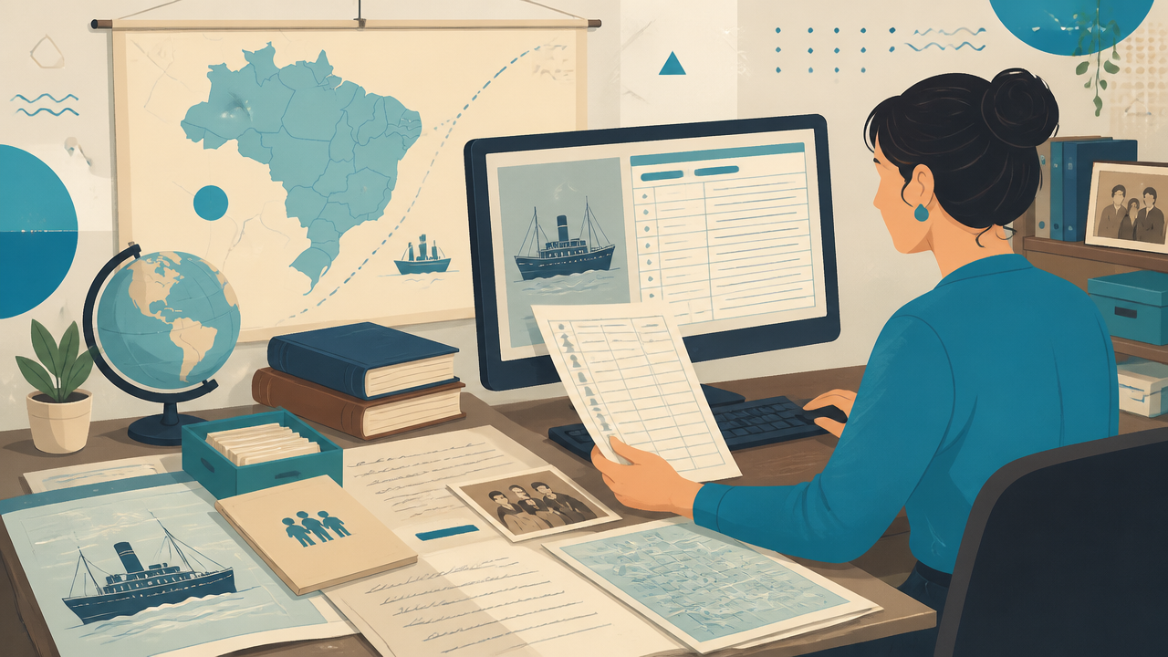 Ilustração de pesquisa em acervo sobre imigração com documentos históricos e computador