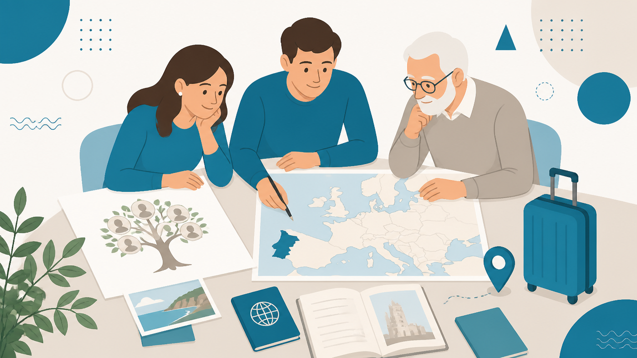 Ilustração de pessoas consultando mapa de Portugal, documentos de viagem e árvore genealógica para planejar origens e mudança.
