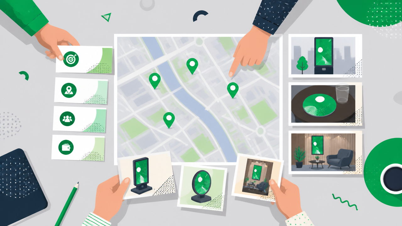 Ilustração de planejamento de campanha com mapa e opções de formatos de OOH.