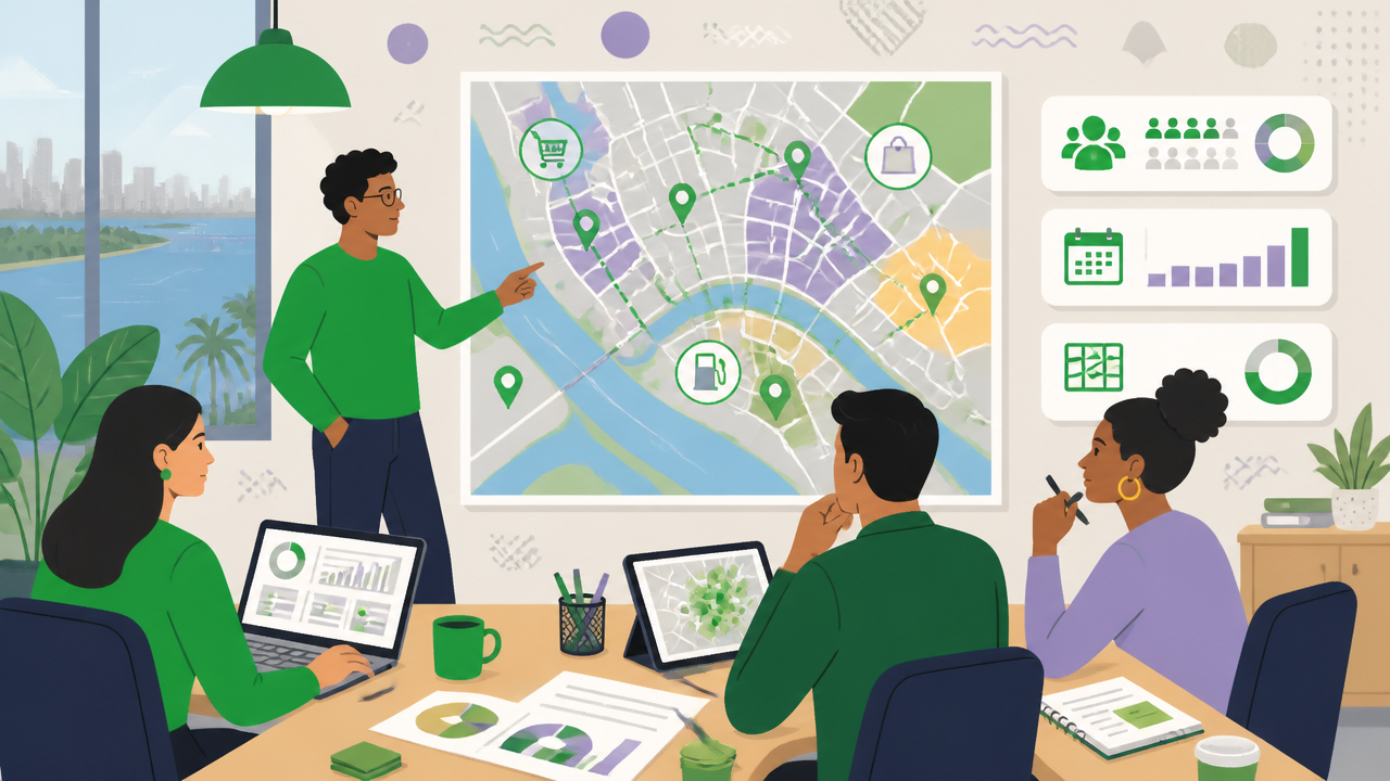 Ilustração de planejamento de campanha OOH com mapa urbano e pontos de consumo em Manaus
