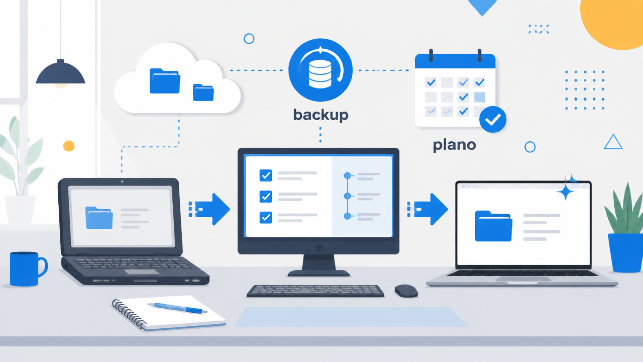 Ilustração de plano de migração com checklist, backup em nuvem e troca de computadores.
