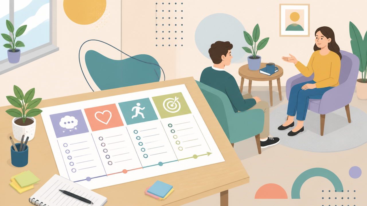 Ilustração de plano terapêutico com etapas da terapia cognitivo-comportamental.